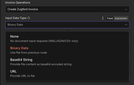 Haz clic para ampliar Menú desplegable Tipo de datos de entrada en el nodo Crear factura Zugferd de n8n PDF4me que muestra cuatro opciones: Ninguno con la descripción No se requiere entrada de documento (solo XML/JSON/CSV), Datos binarios resaltados con la descripción Usar archivo del nodo anterior, Cadena Base64 con la descripción Proporcionar el contenido del archivo como una cadena codificada en base64 y URL con la descripción Proporcionar la URL del archivo